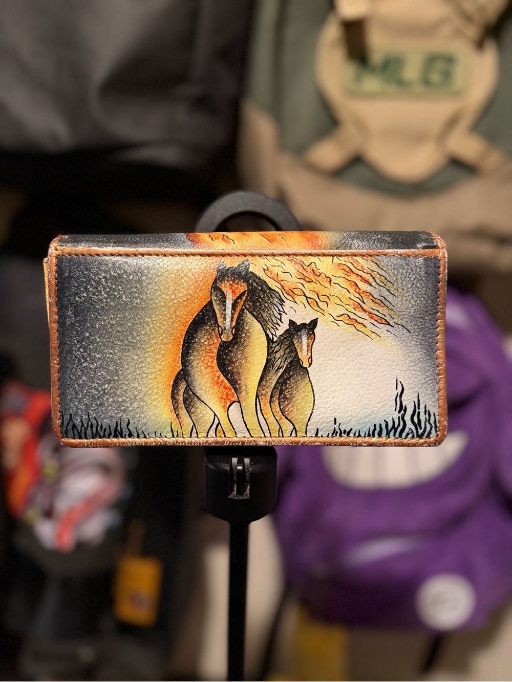 Magnifique Hand-Painted Leather Wallet with Horse Artwork - Orange, Black, Cream